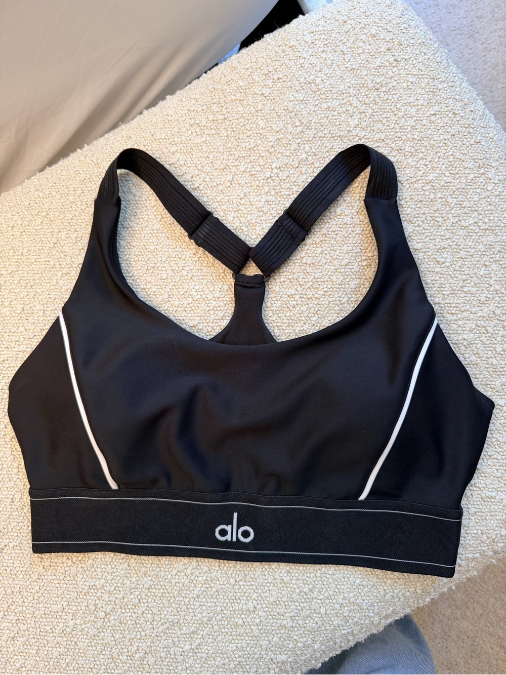 ALO Yoga Black Racerback Sports Bra with White Piping